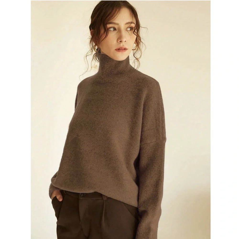Brown Knit Turtleneck Pullover Sweater Long Sleeve Drop Shoulder